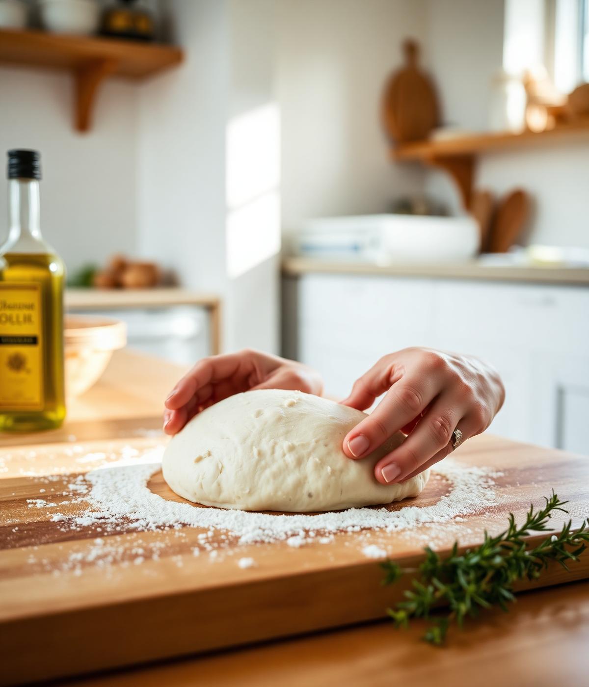Hands kneading dough on a floured wooden board.